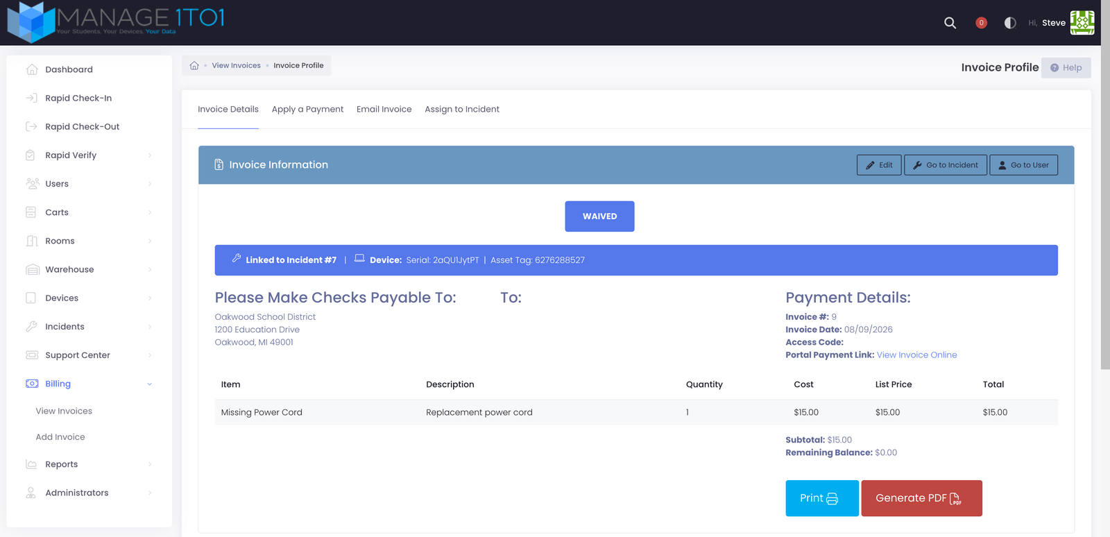 An invoice profile showing the Waived status badge