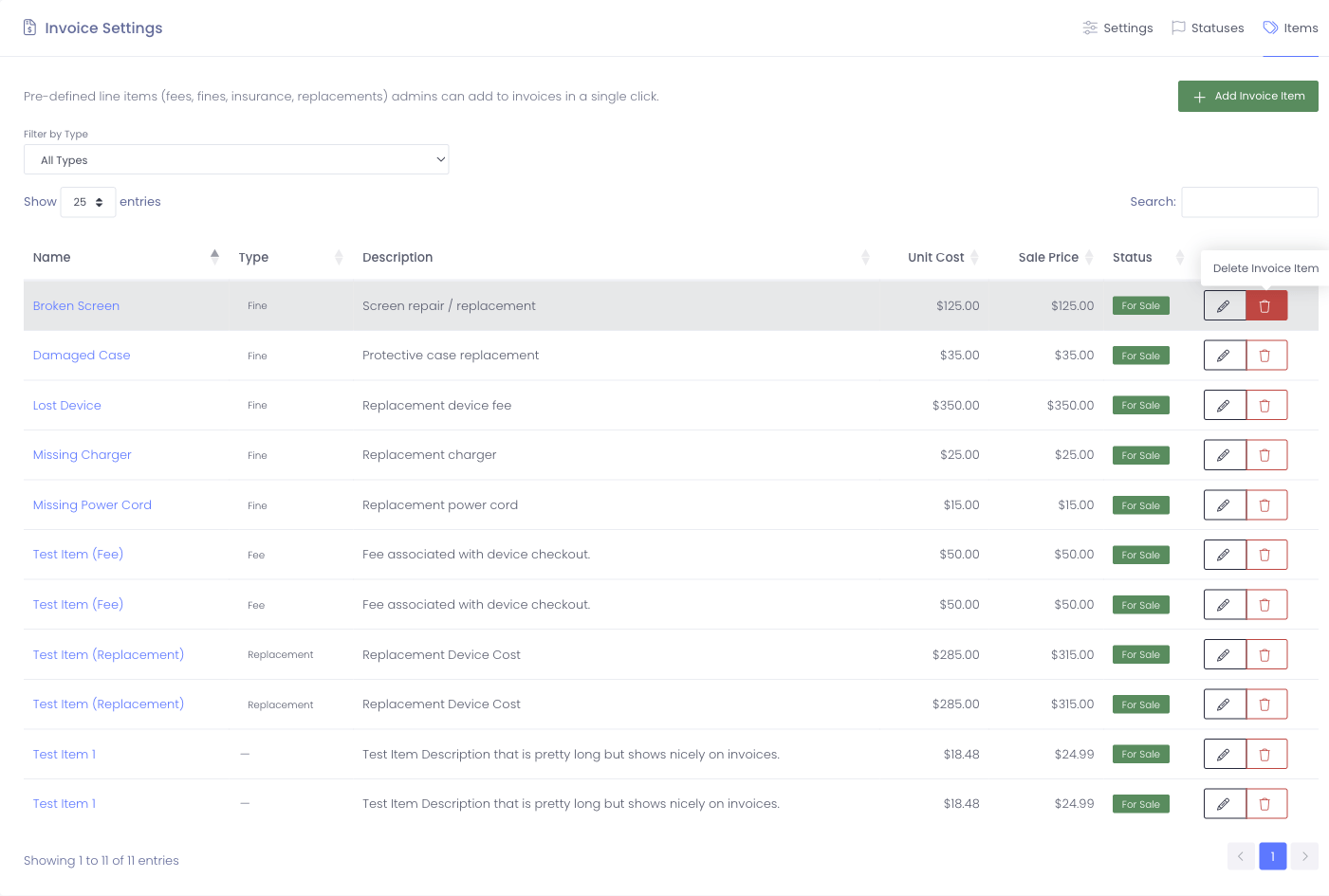 Items tab with the catalog of invoice items