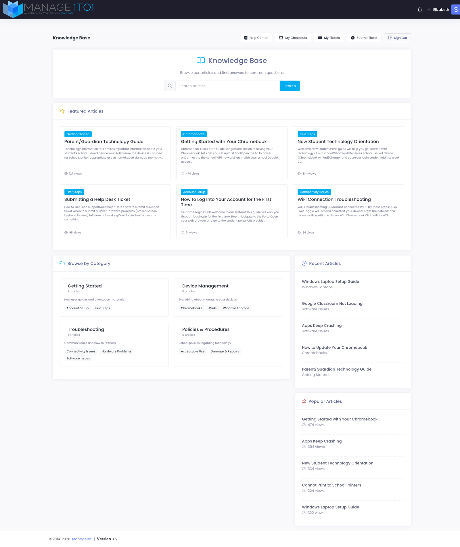 Knowledge Base landing page with search, Featured Articles, Browse by Category, Recent Articles, and Popular Articles