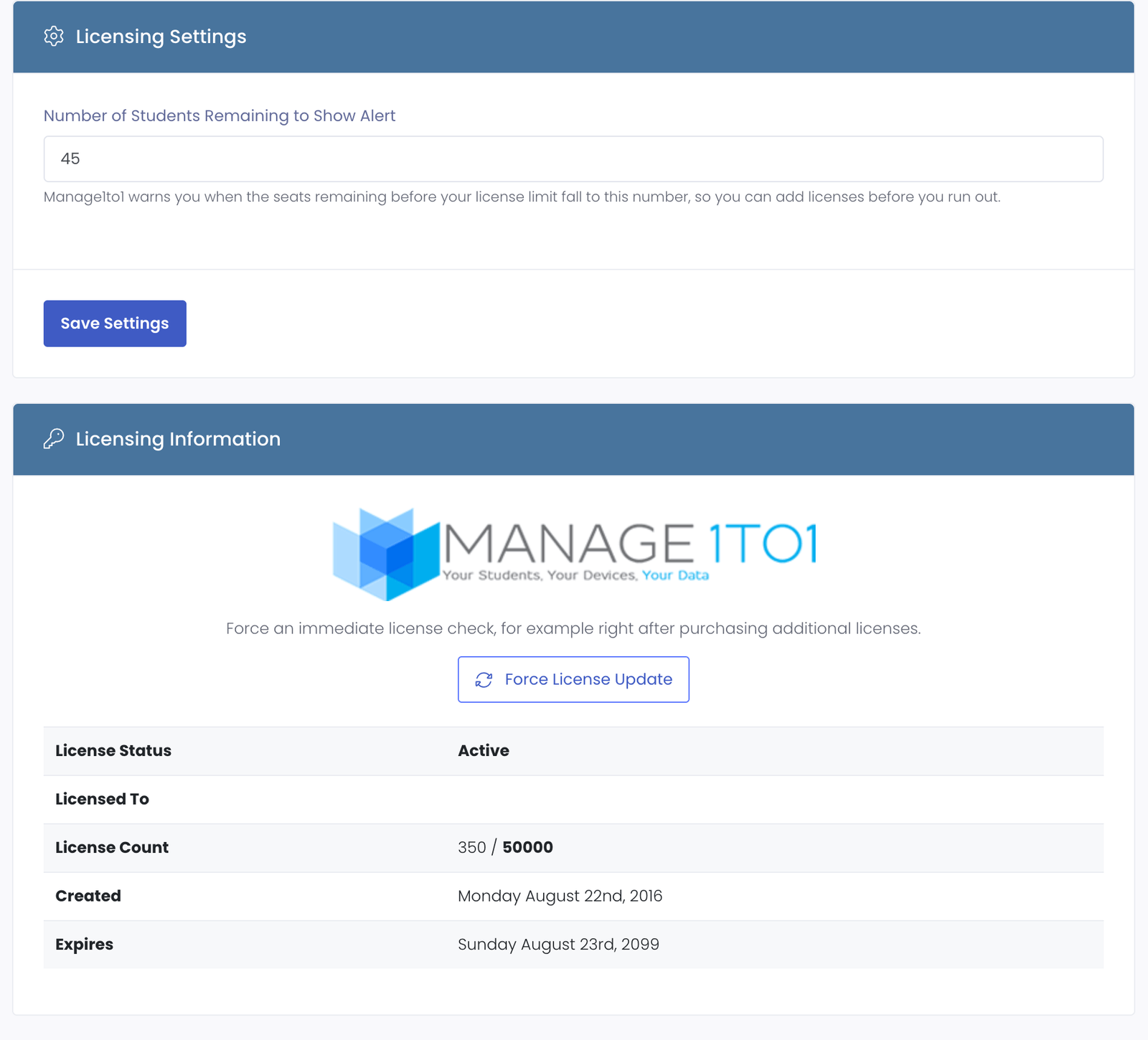 The Licensing settings page