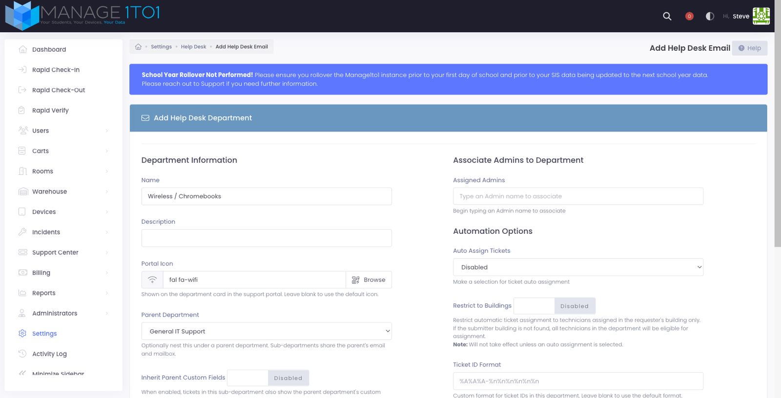 Adding a sub-department: choosing a Parent Department reveals the inherit-fields option and hides the mail settings