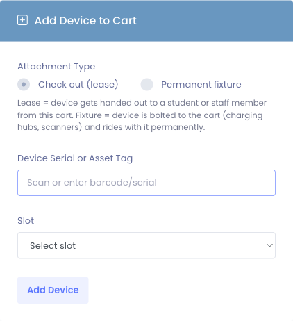 Add Device to Cart form with attachment-type radio set to Permanent fixture