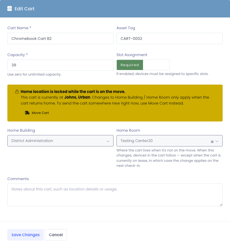 Edit Cart form showing a yellow lock banner above greyed-out Home Building and Home Room dropdowns
