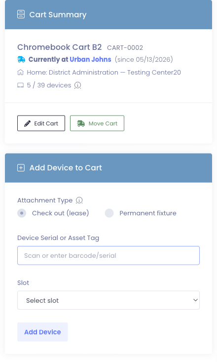 Cart Summary card with Edit Cart and Move Cart buttons in the footer, used to launch the Move Cart modal