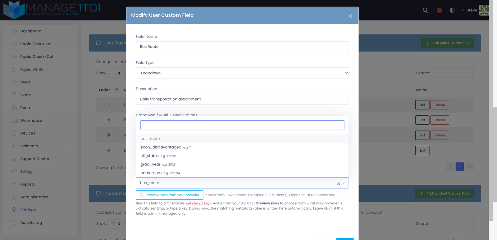 The User Custom Field modal with the OneRoster metadata key picker open, listing keys such as bus_route, econ_disadvantaged, ell_status, grad_year, and homeroom with sample values, after clicking Preview keys from your provider