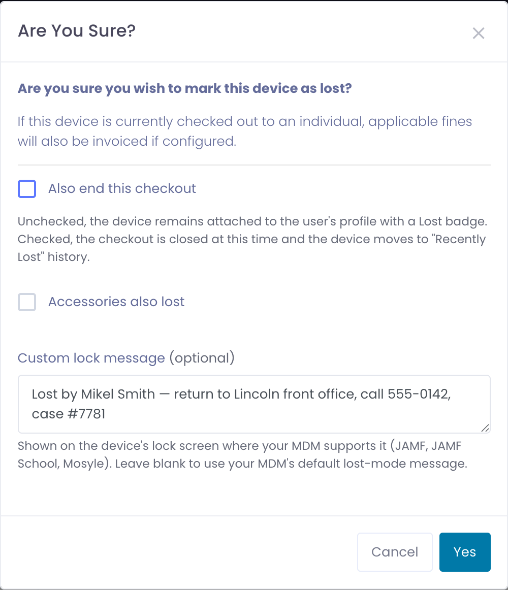 The Mark Lost modal with the Custom lock message field