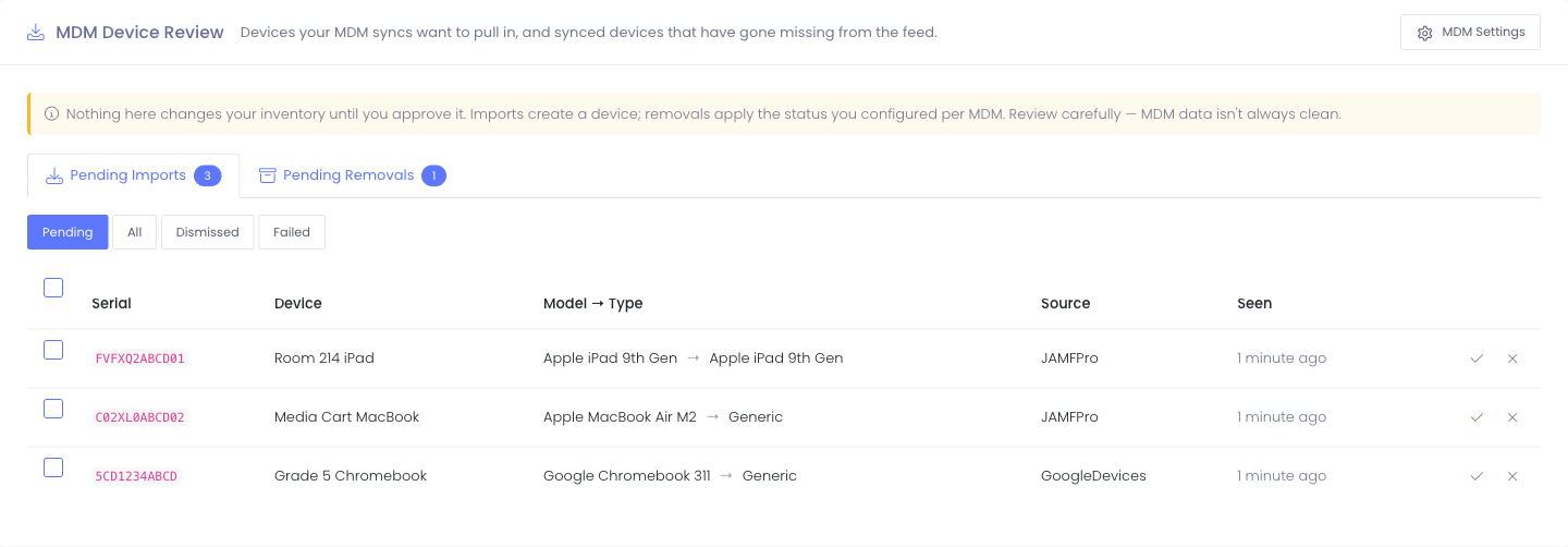 The MDM Device Review workspace showing the Pending Imports tab with a list of devices, their model and matched type, and per-row approve and dismiss actions