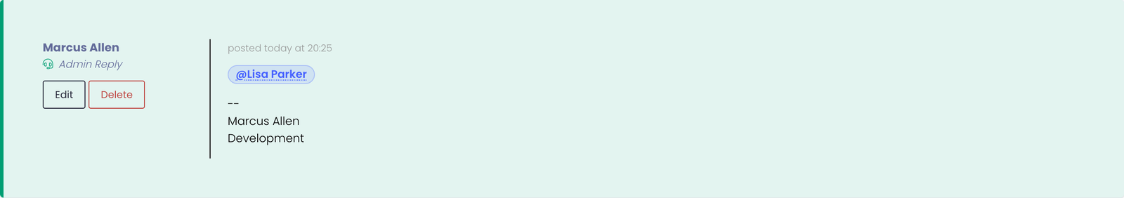 Reply containing a rendered @Lisa Parker mention chip — pill background, dotted underline, blue text