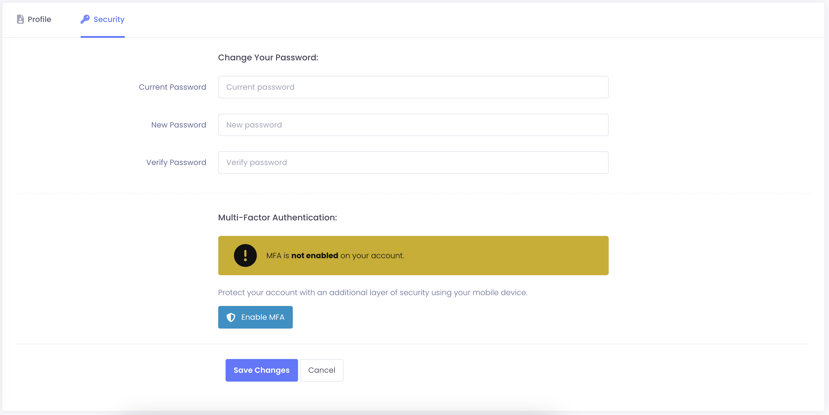 My Profile Security Tab