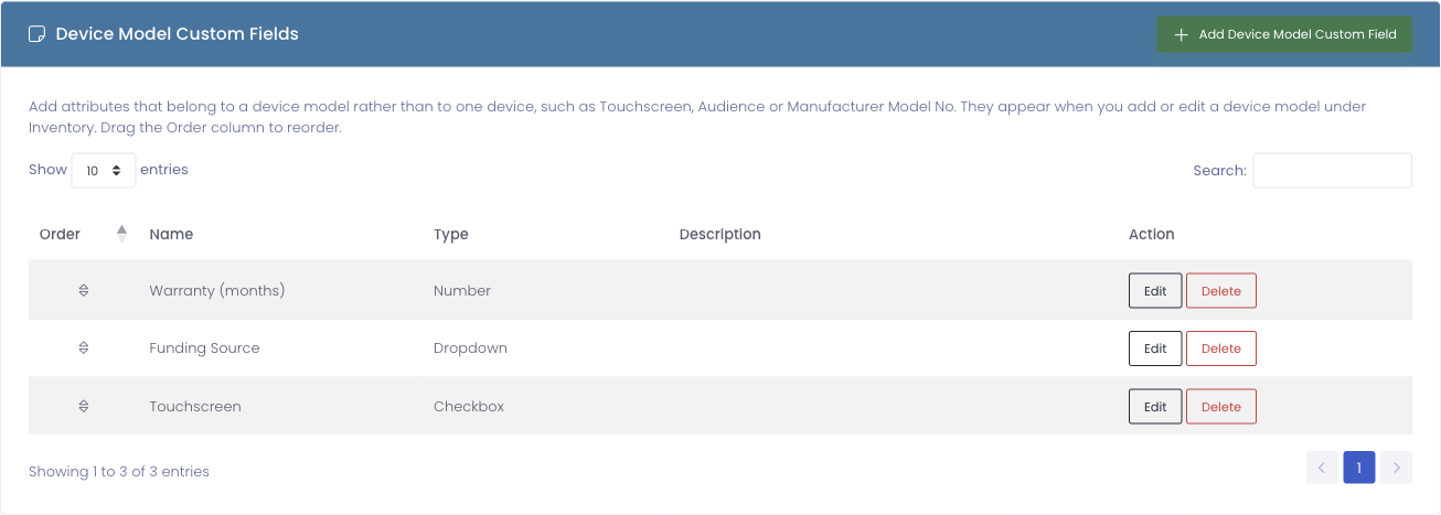 The Device Model Custom Fields section with Warranty, Funding Source, and Touchscreen fields