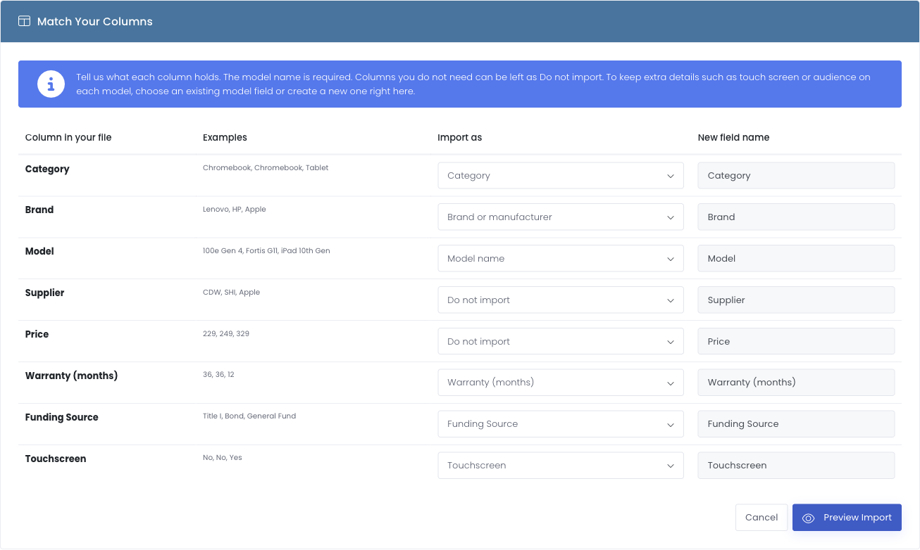 Matching each spreadsheet column to a device model field, including model custom fields