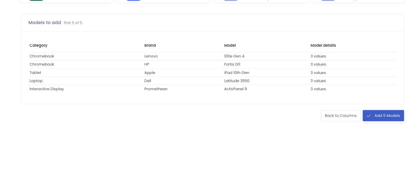 Import preview showing counts of new models, new categories, duplicates, and rows to fix
