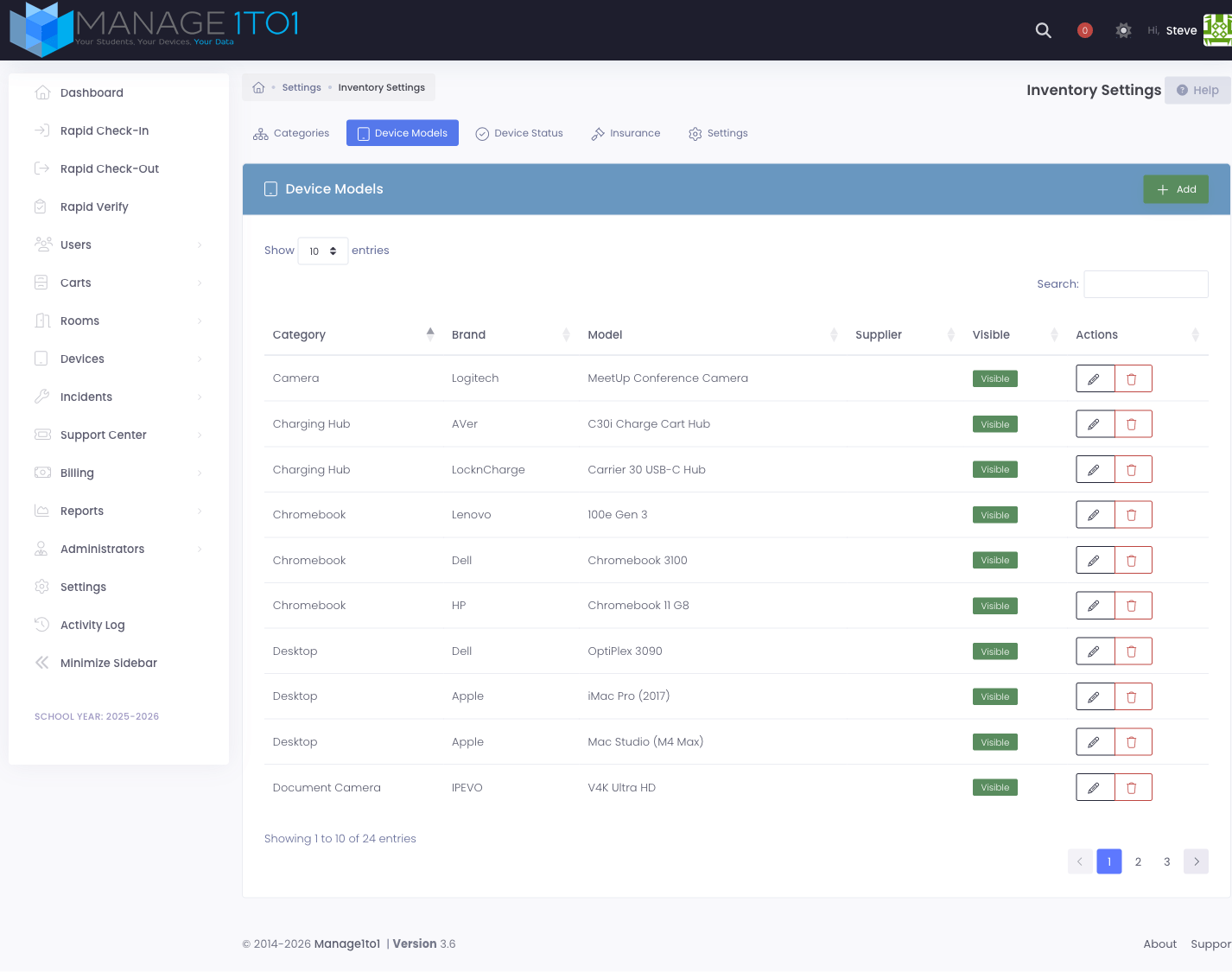Device Models tab showing a paginated list of models