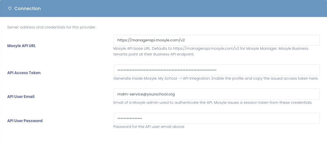 The Mosyle Connection settings: API URL, access token, and the API user email and password