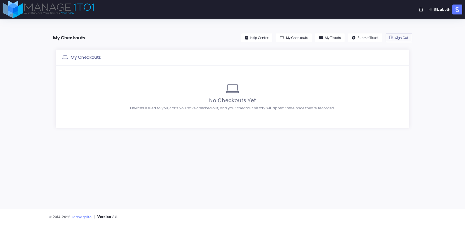 My Checkouts empty-state — no devices currently issued to this user