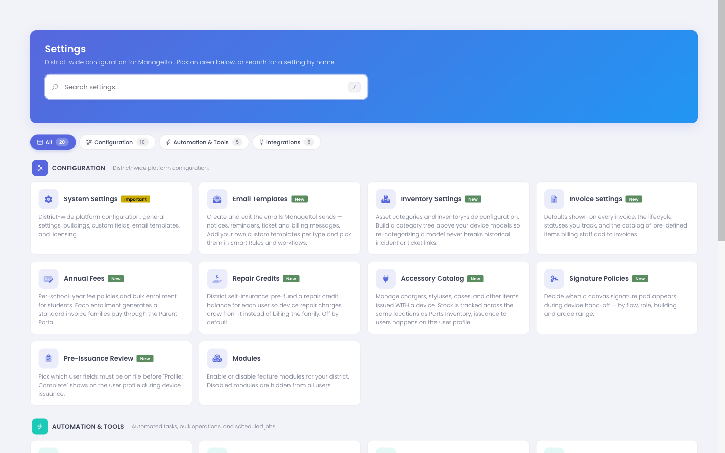 The Settings landing page, where each area of district-wide configuration is grouped into cards