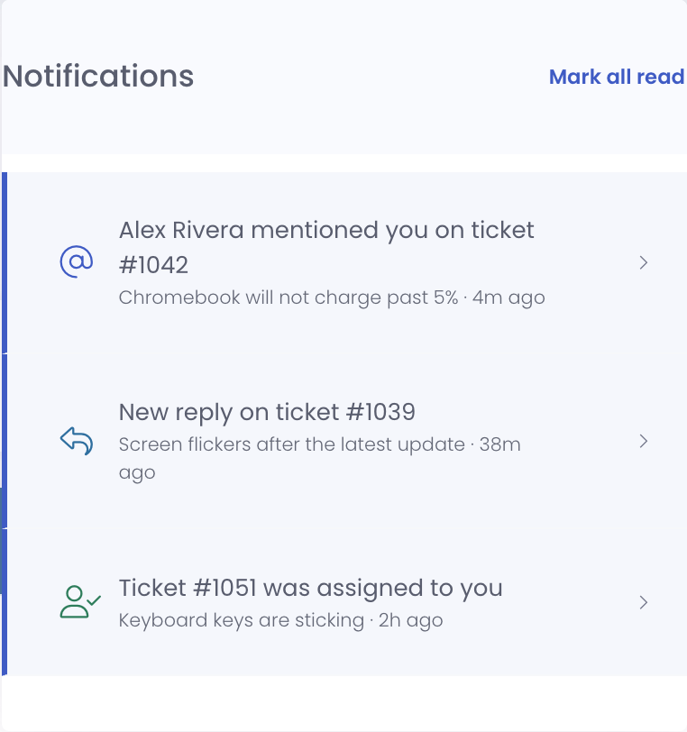 Open notification dropdown listing recent notifications, newest first