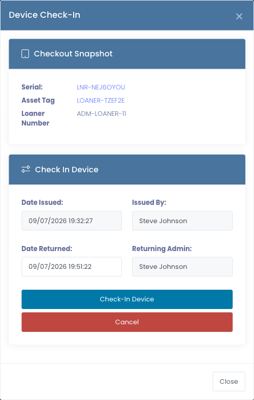 The Check-In Device window on a device profile, showing the checkout snapshot and the date returned