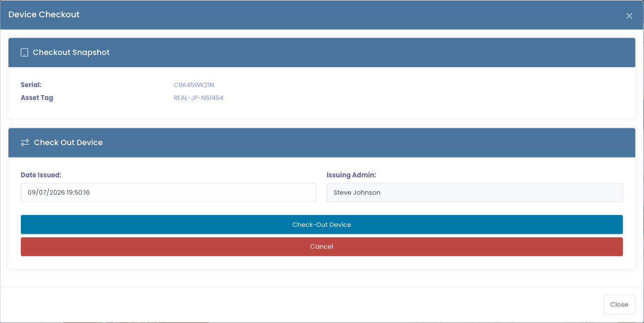 The Check-Out to User window on a device profile, showing the checkout snapshot and the date issued