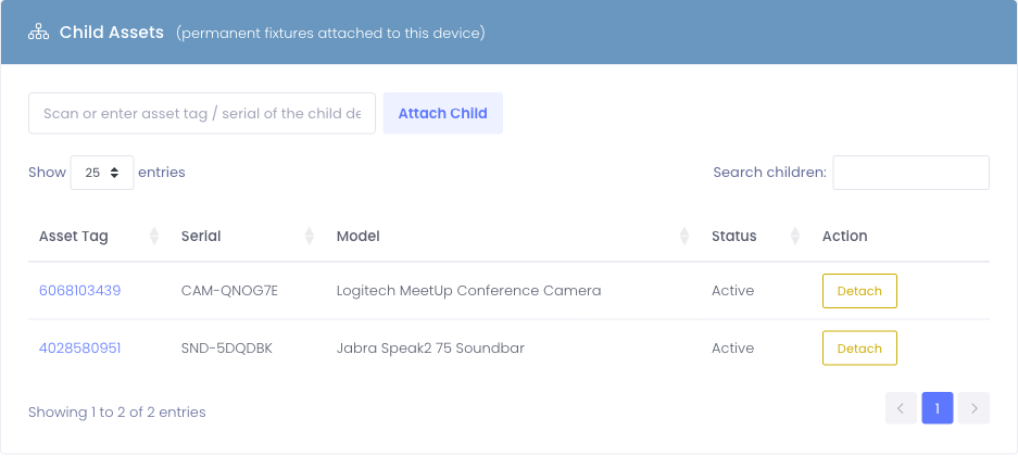 Child Assets card on a device profile showing attached accessories