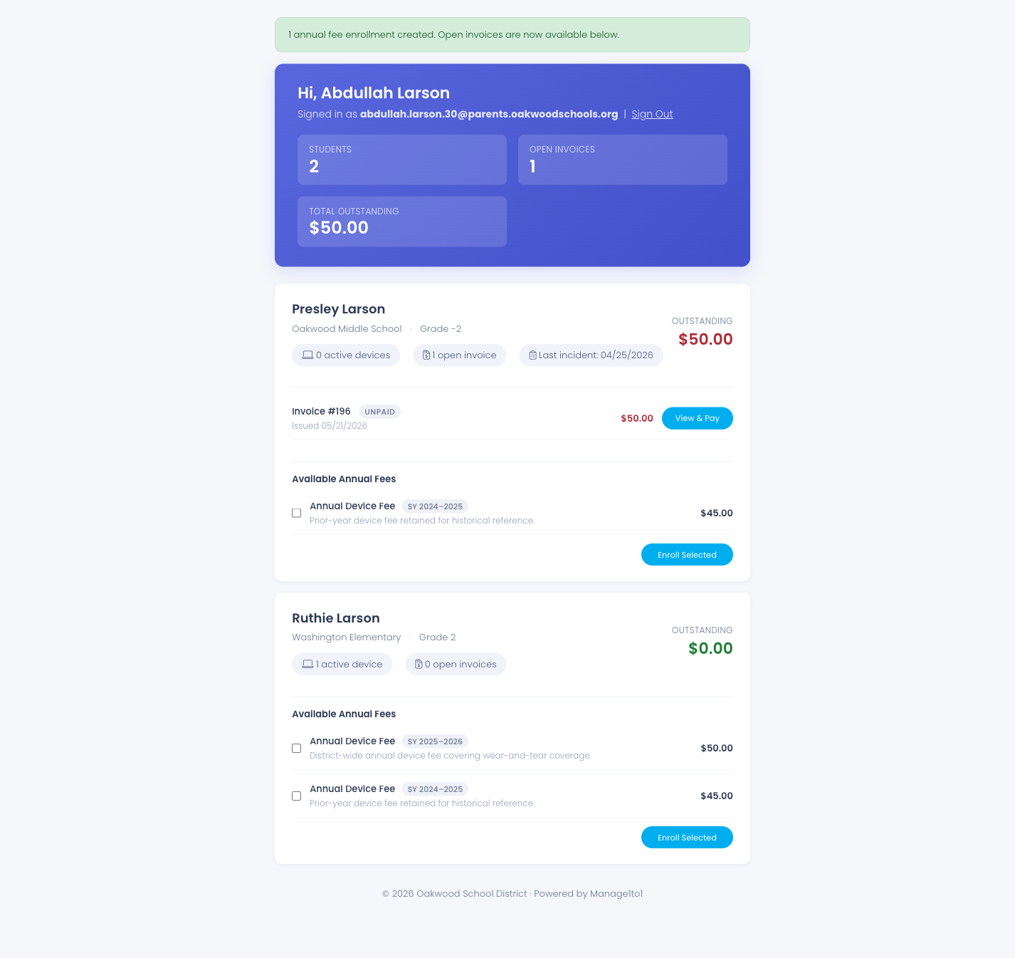 Dashboard after opt-in showing success banner and the new $50 invoice with View & Pay