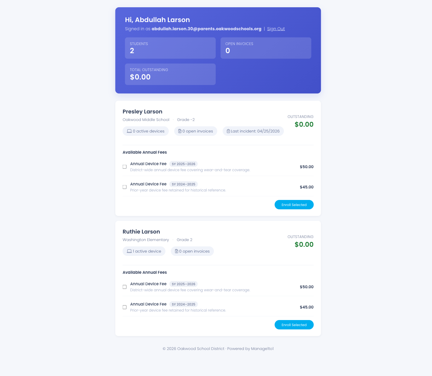 Available Annual Fees section on each student card with checkbox-driven opt-in
