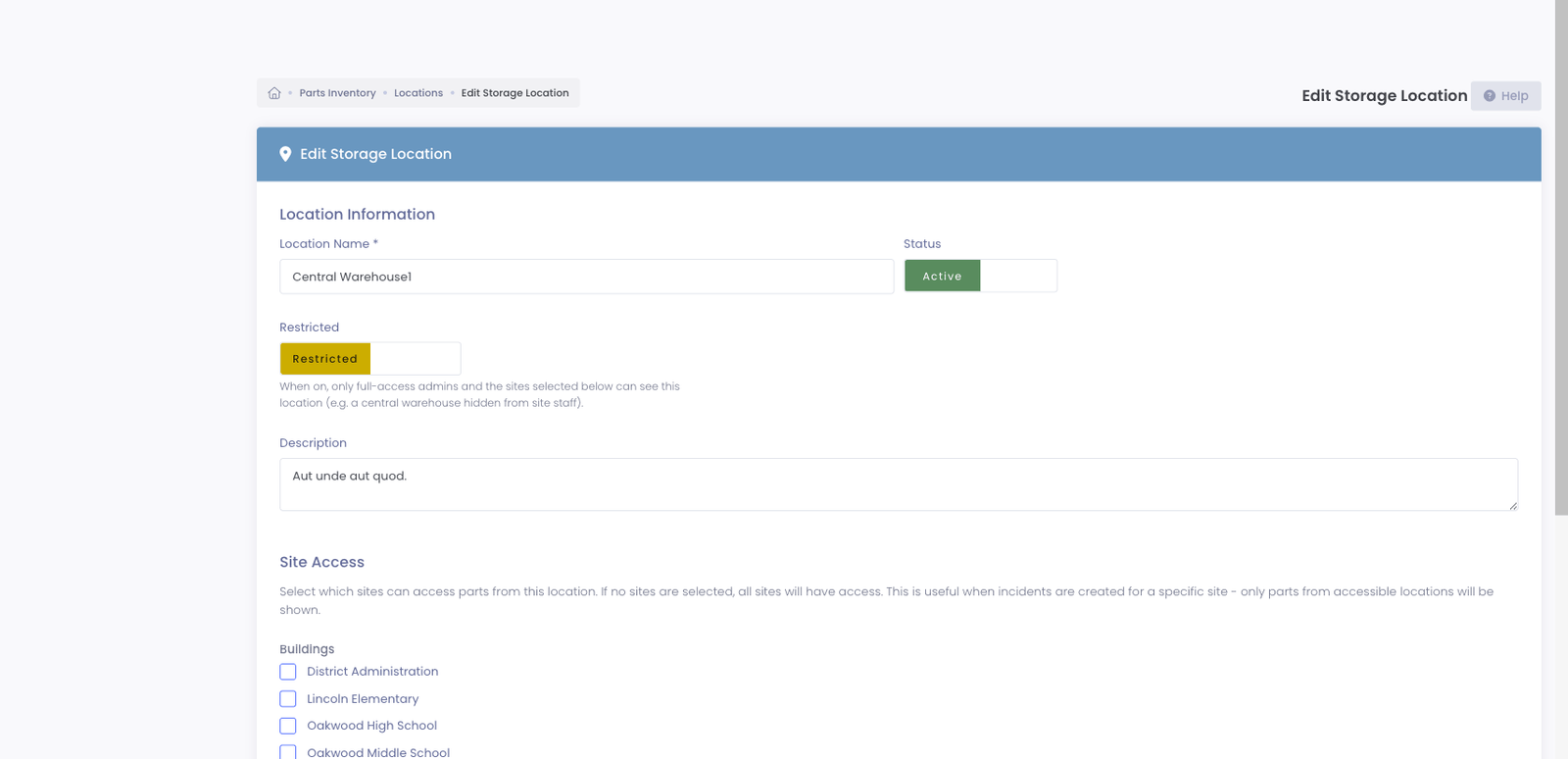 The Edit Storage Location form with the Restricted switch turned on, showing the explanatory help text and the per-site Building access checkboxes below