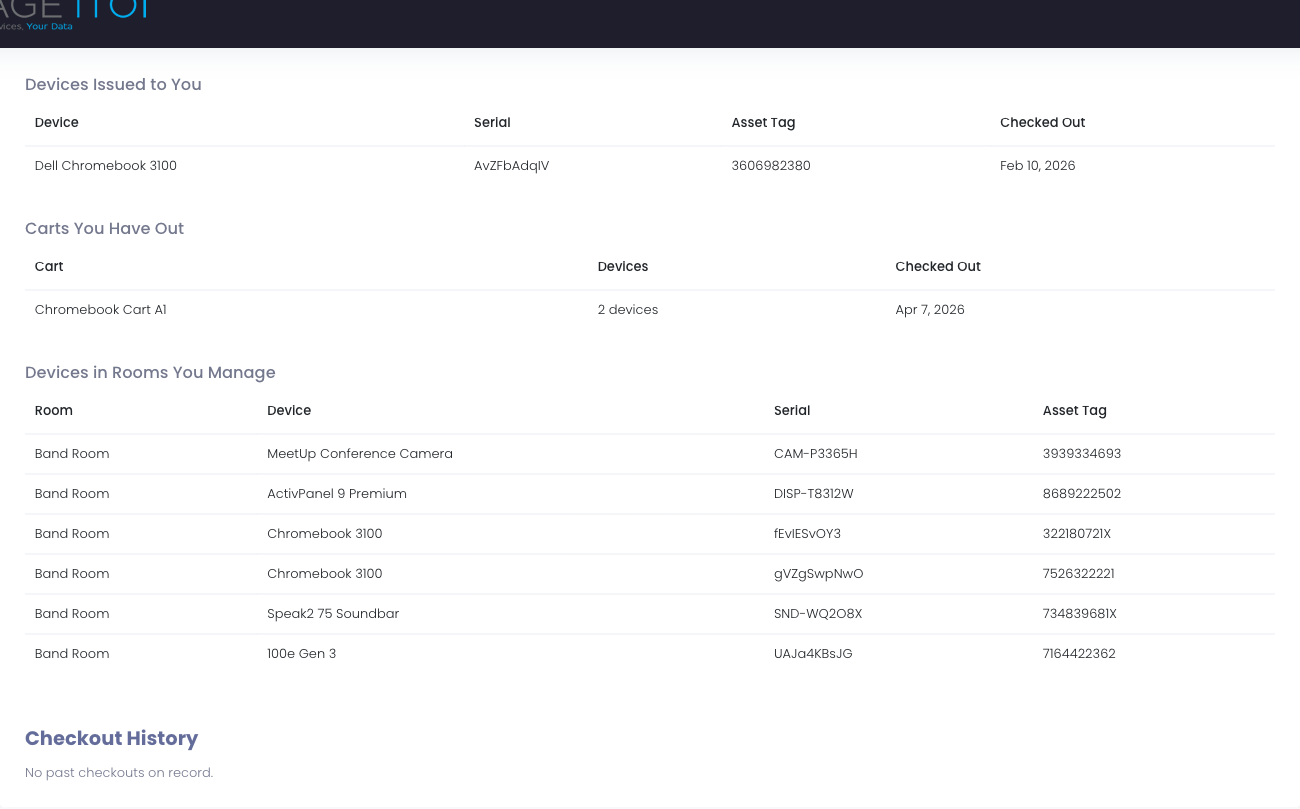 My Checkouts page showing Current Checkouts and Checkout History sections