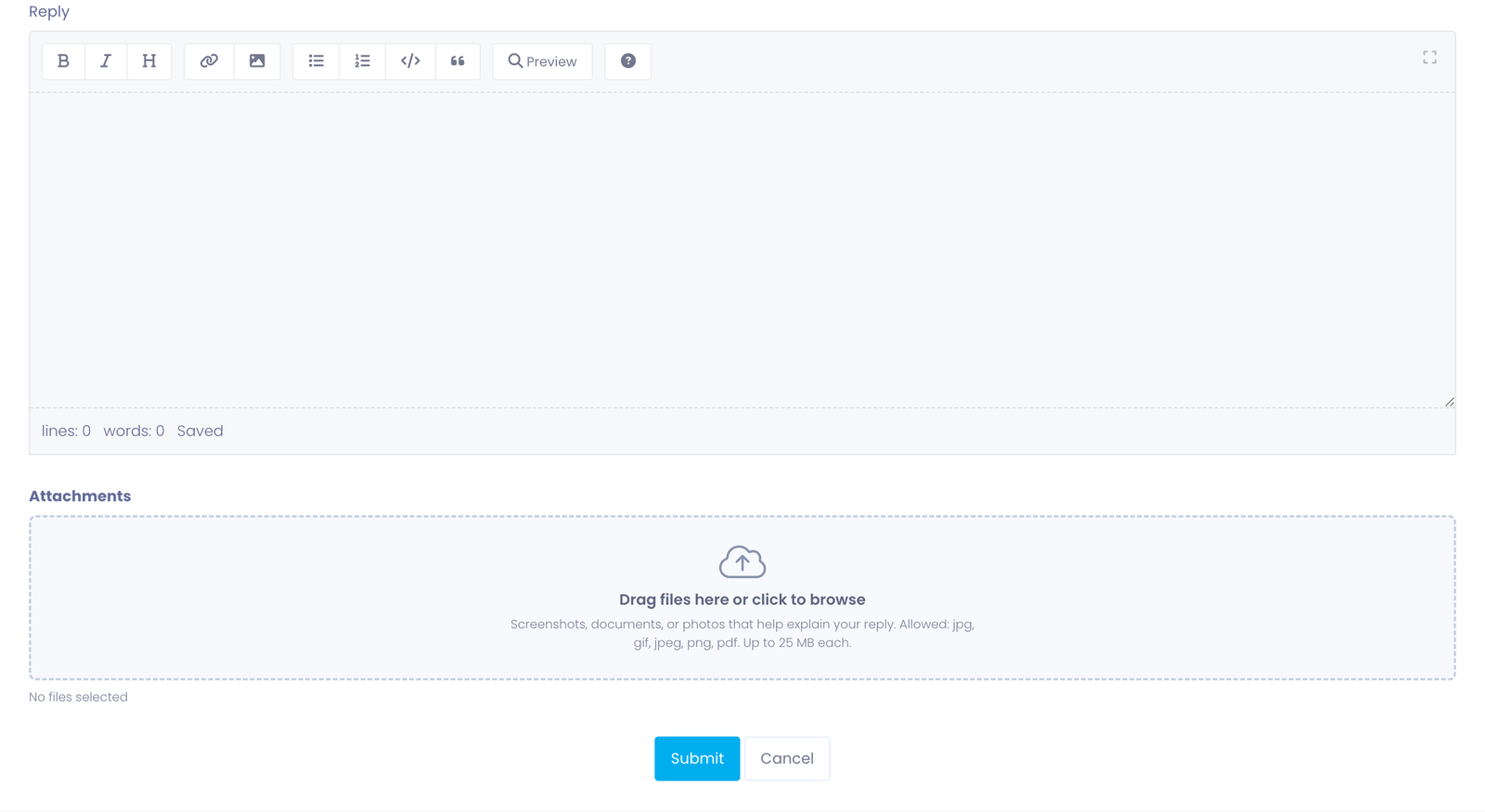 The reply box in the User Portal, with the message editor above an Attachments drop area that reads "Drag files here or click to browse" and a Submit button