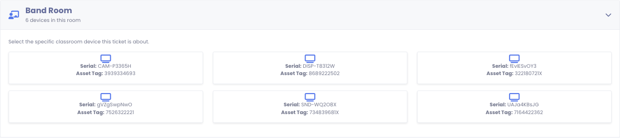 Rooms You Manage section expanded showing the classroom devices the staff member can ticket against
