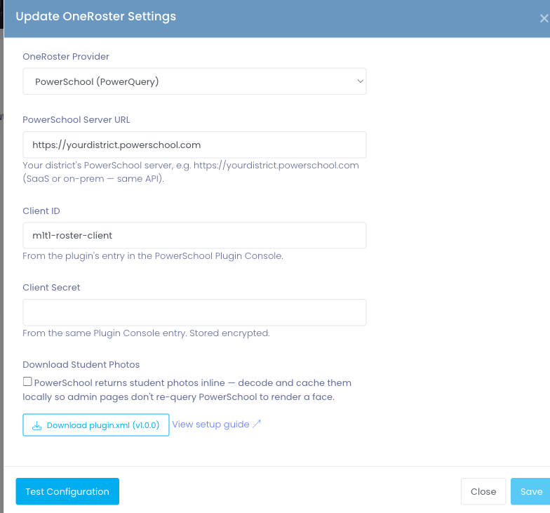 The PowerSchool provider configuration form with the Download plugin button
