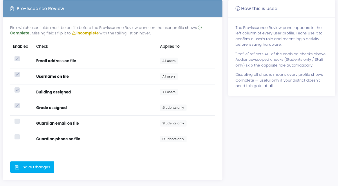 Pre-Issuance Review settings page showing a table of available checks with per-row enable toggles and audience badges