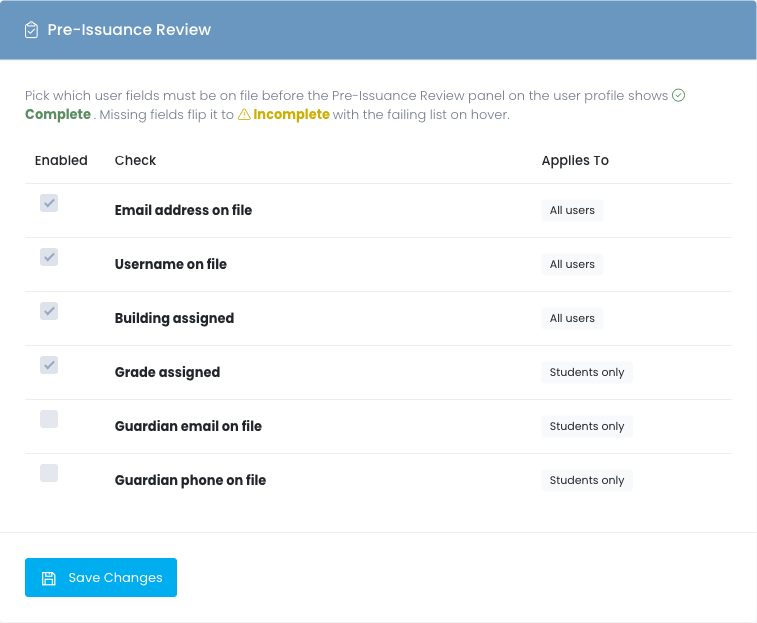Pre-Issuance Review settings table with checkboxes per check and an Applies To audience badge per row
