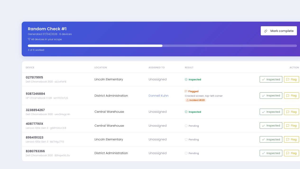 A Random Check checklist with inspected, flagged, and pending rows