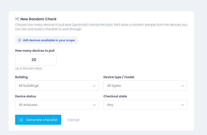 The New Random Check form with a device count and optional filters