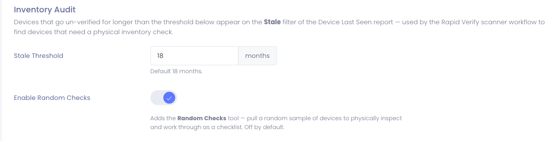 The Enable Random Checks toggle in Inventory Settings
