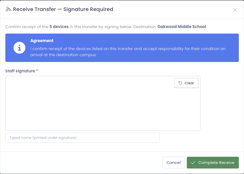 Receive Transfer signature modal with agreement text, signature pad, and typed name field