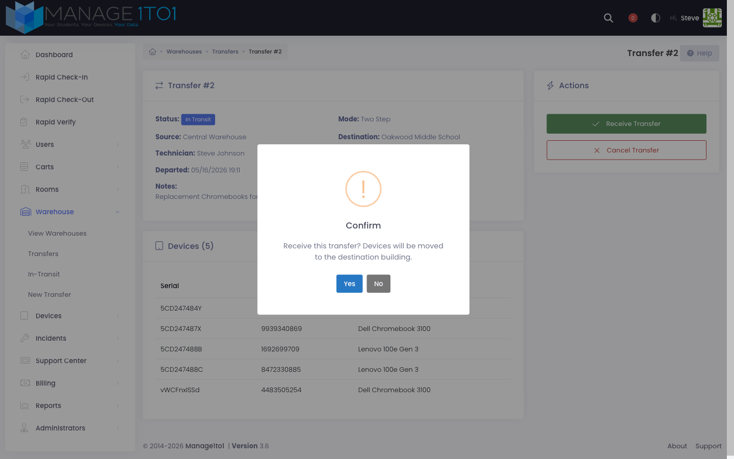 Confirm Receive dialog — "Receive this transfer? Devices will be moved to the destination building." with Yes and No buttons