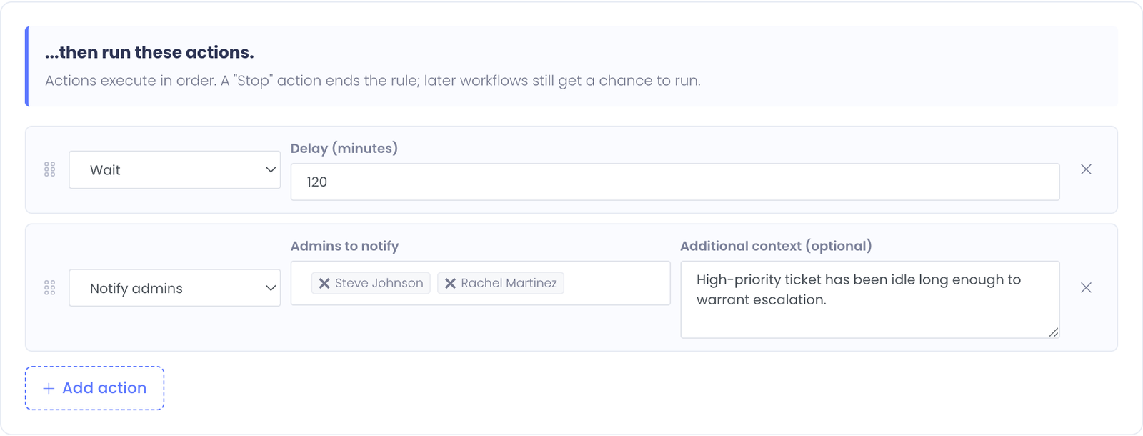 Actions tab showing the Wait 120-minute action followed by a Notify admins action with two recipients