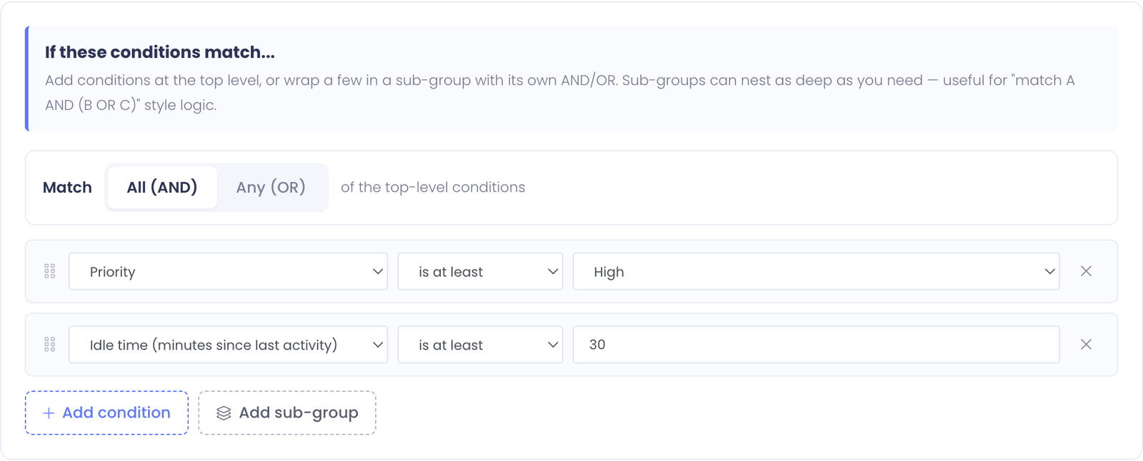 Conditions tab with priority is at least High AND idle time is at least 30 minutes