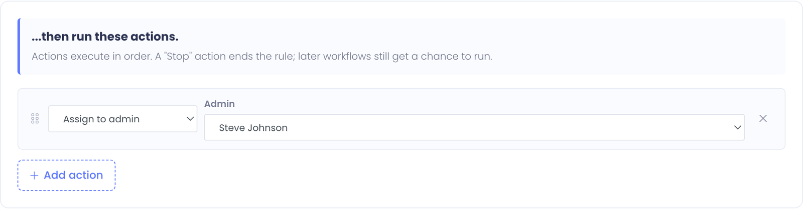 Actions tab with one row: Assign to admin, with the chosen tech selected