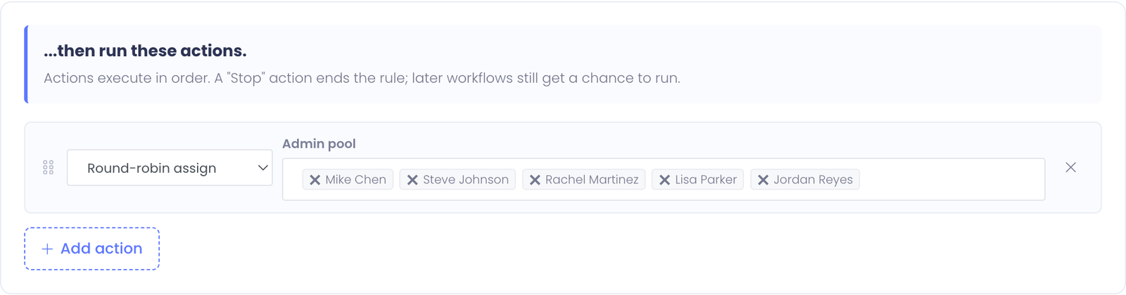 Actions tab for the round-robin rule showing the round-robin action with multiple admins selected as the pool