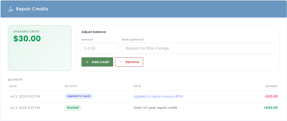 The Repair Credits tab on a user profile
