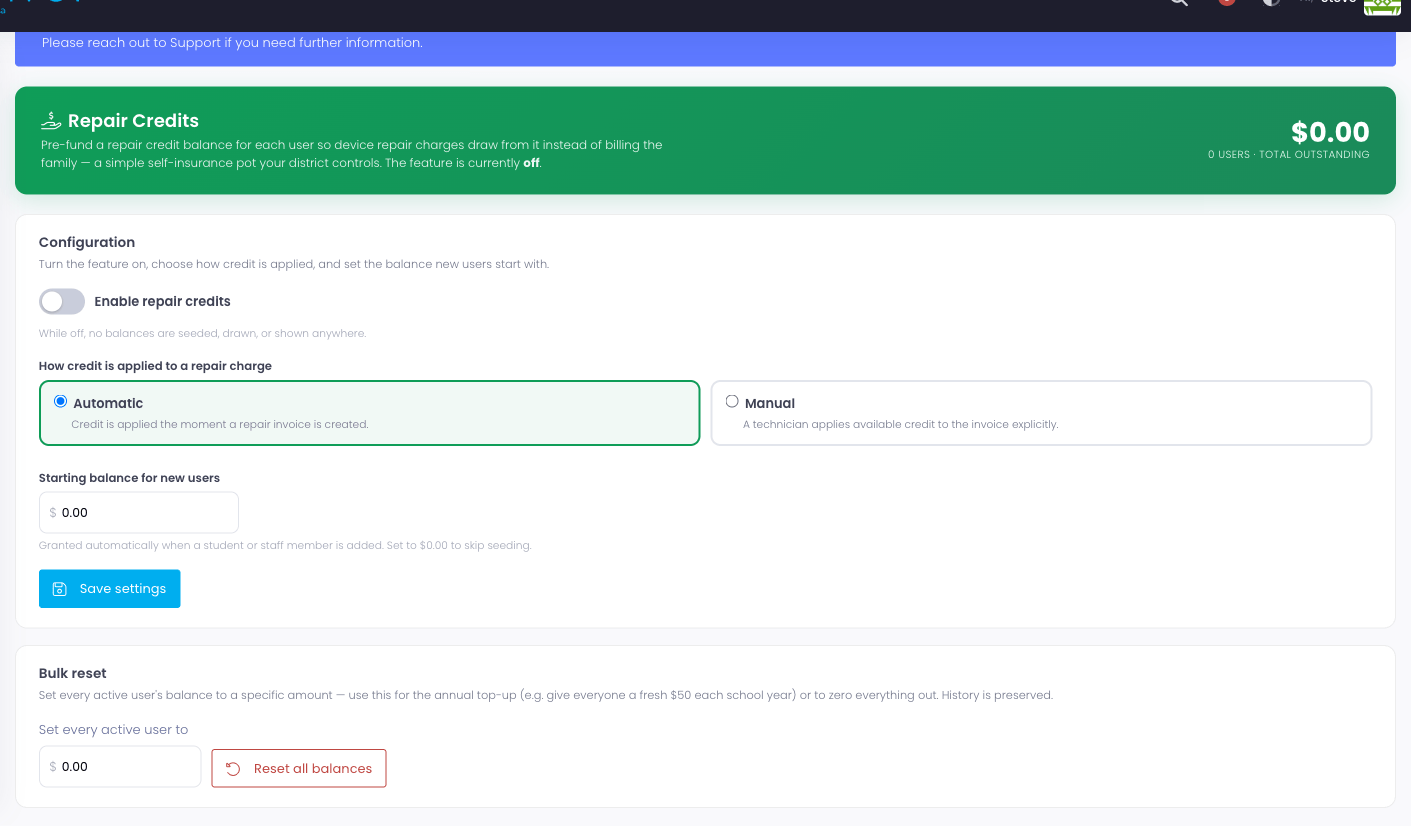 The Repair Credits settings page