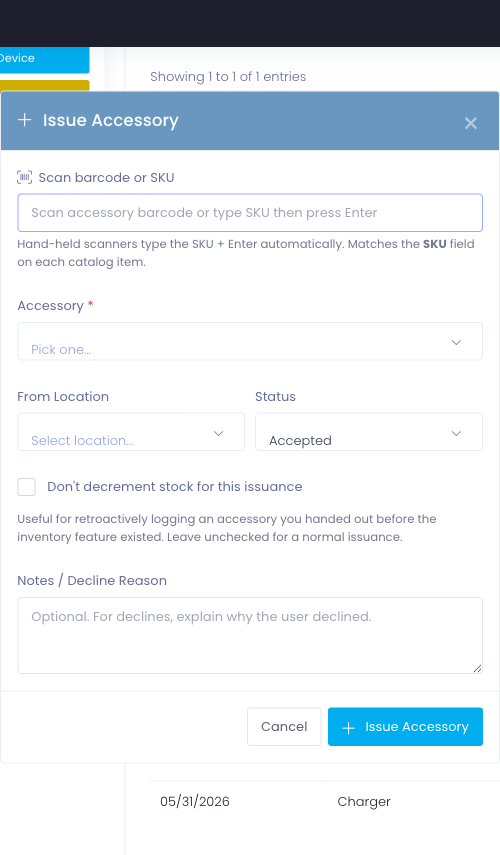 Issue Accessory modal with a scan input, accessory dropdown, From Location dropdown, status radio, and Notes field