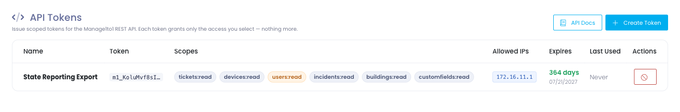 The API Tokens console, listing an issued token with its name, masked token value, granted permissions, approved locations, and expiry, alongside the API Docs and Create Token buttons