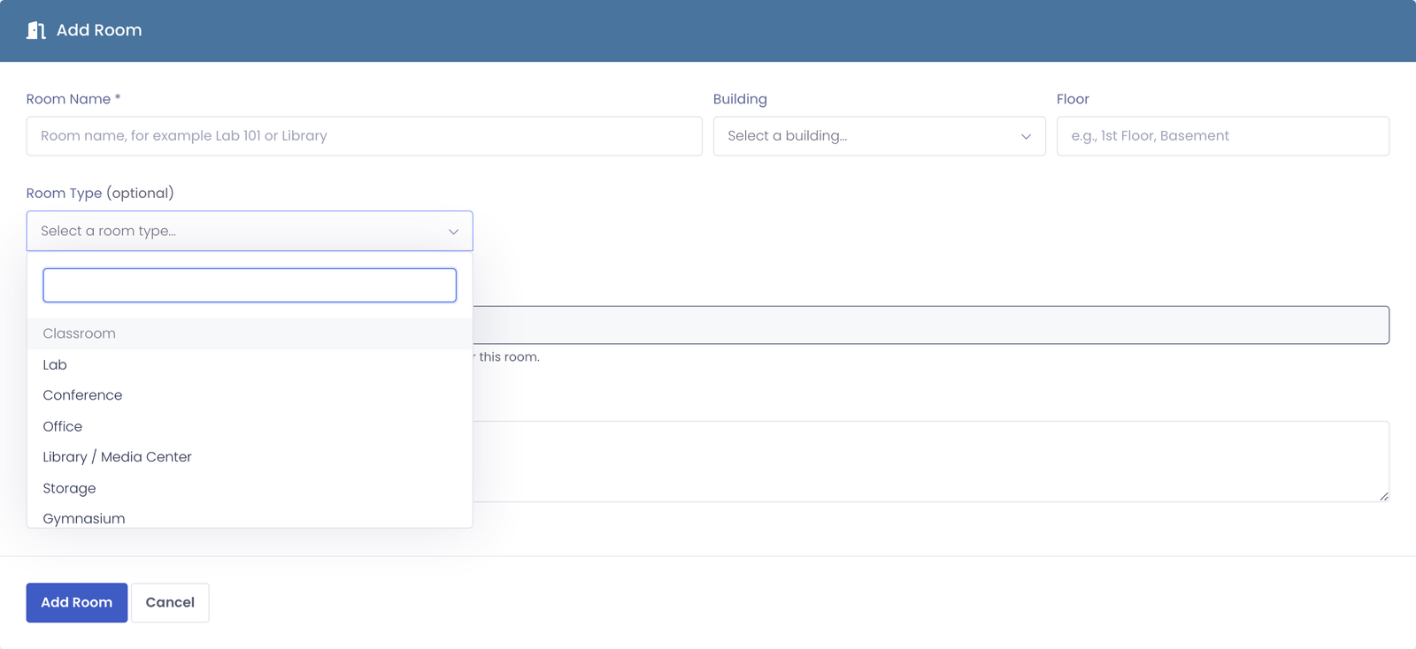 Add Room form showing the Room Type picker with a list of types such as Classroom, Lab, and Storage