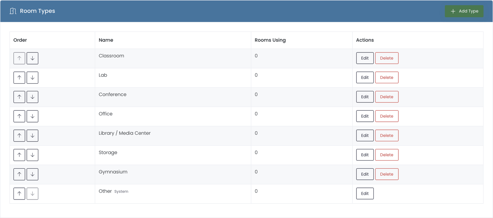 Room Types settings page listing the types with reorder, edit, and delete controls, and an Add Type button