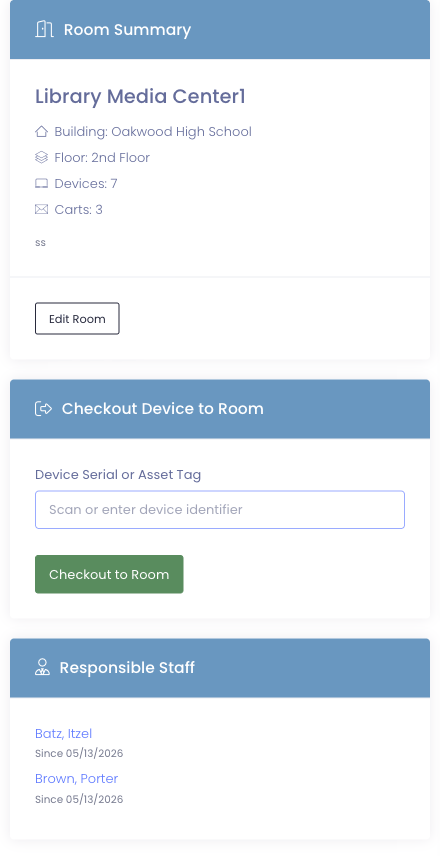 Room view left column showing Room Summary, Checkout Device to Room, and a Responsible Staff card listing one teacher with their start date