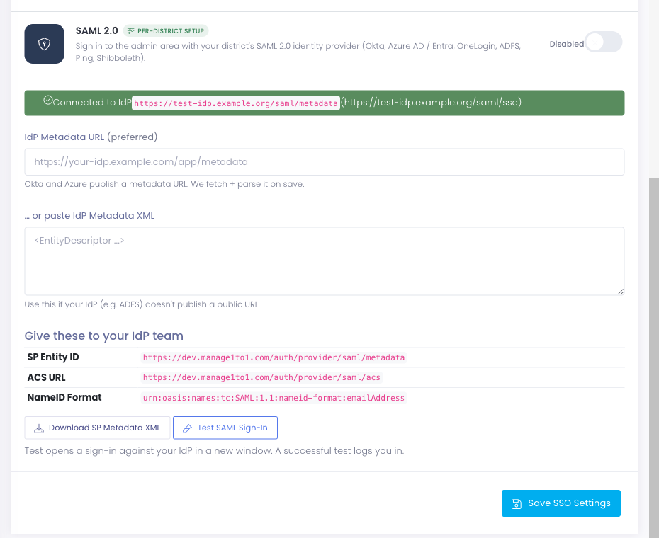 The SAML 2.0 configuration panel on the SSO Settings page